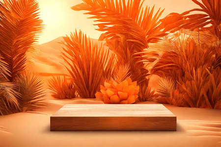 Wooden podium in desert with palm leaves, AI Generatedの素材
