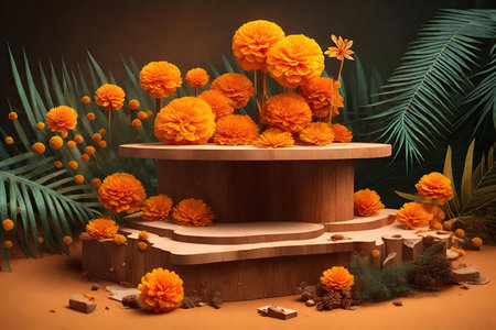 Wooden podium with marigold flowers and palm leaves, AI Generatedの素材