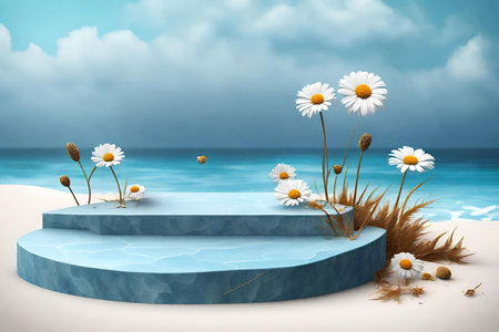 Blue stone podium with daisies on the beach, AI Generatedの素材