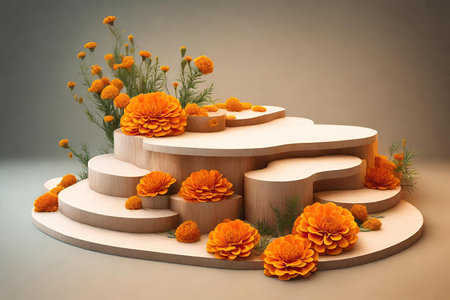 Wooden podium with marigold flowers.の素材