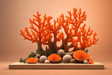 Orange corals and rocks on wooden podiumの素材