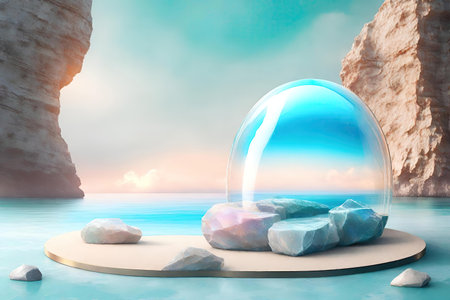 Podium with crystal and stone on blue sea backgroundの素材