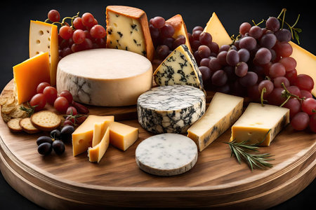 Cheese platter with assorted cheeses, grapes and rosemaryの素材