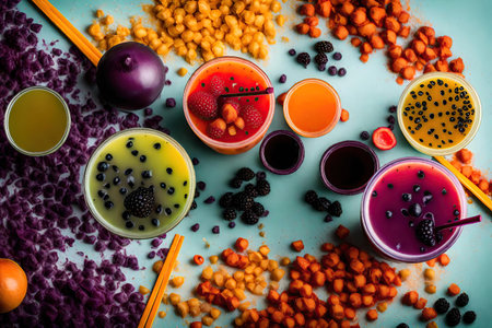 Boba teas in plastic cups on a blue background.の素材
