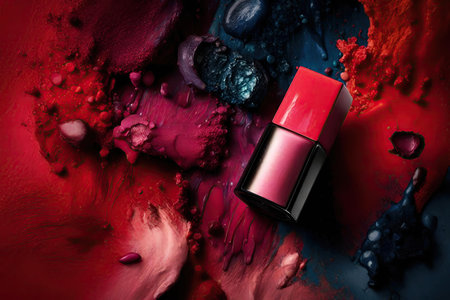 Red nail polish on a dark background. Lipgloss on a dark background.の素材