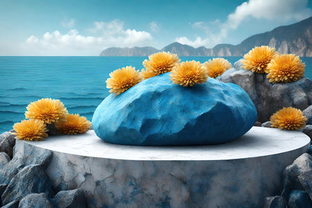 Blue calcite stone podium with yellow dandelions on the seashoreの素材
