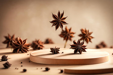 Anise and cinnamon on a wooden table, shallow depth of fieldの素材