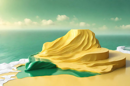 Yellow and green rock podium on the beachの素材