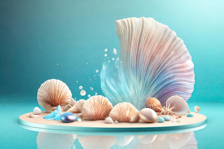 Podium with oceanic iridescent background with seashells.の素材