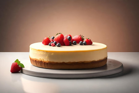 Delicious cheesecake with fresh berries on white table against brown backgroundの素材