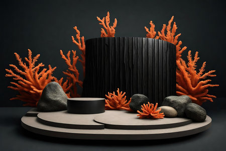 Black concrete display podium for product presentation with orange coral.の素材