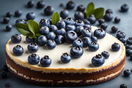 Delicious cheesecake with blueberries on gray background, closeupの素材