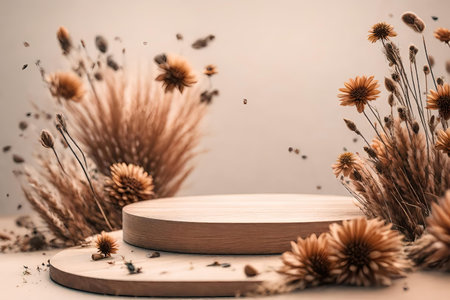 Wooden podium with dried flowers on beige backgroundの素材