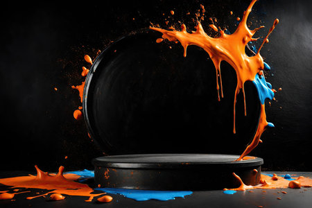 Background with blue and orange paint splashing on black podiumの素材