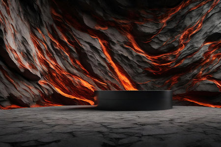 Black podium for product presentation on a background with lava on wallの素材