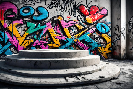 White concrete podium with graffiti on the wall. urban scene.の素材