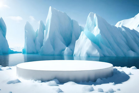 White podium on the background of icebergs and seaの素材