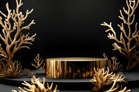 Golden podium for product presentation with corals on black backgroundの素材