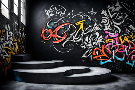 Concrete room with round podium and graffitiの素材