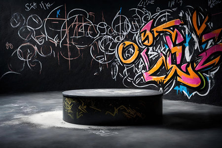 Podium in abstract dark room with graffiti.の素材