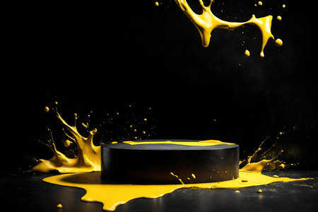 Black podium and yellow paint splashの素材