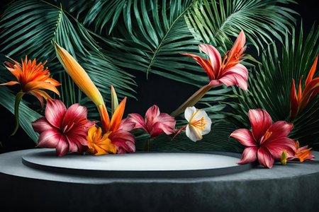 Product display podium with tropical palm leaves and flowersの素材