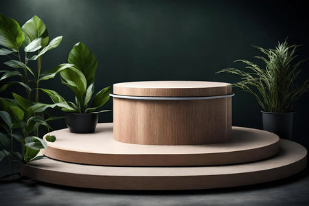 Wooden podium in dark room with green plantsの素材