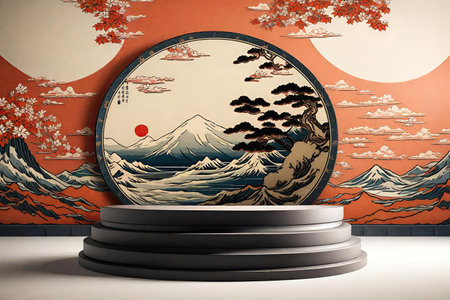 Round podium for product presentation with Japanese art on wallの素材