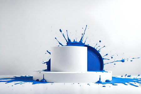 Blue paint splashing on white background with podium for product display.の素材