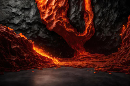 Background with a lava flow in a caveの素材