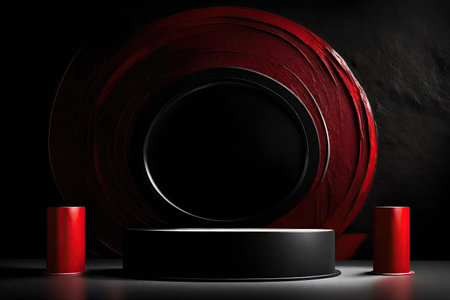 Black podium with red paint on black backgroundの素材