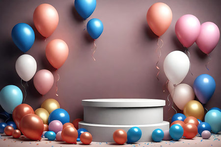 White podium for product display with balloons and confettiの素材