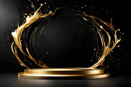 Golden podium with black background and gold liquid splashの素材