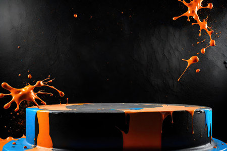 Black podium with orange paint splashes on a black backgroundの素材