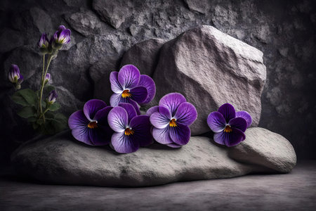 Purple pansy flowers on gray stone background for presentationの素材