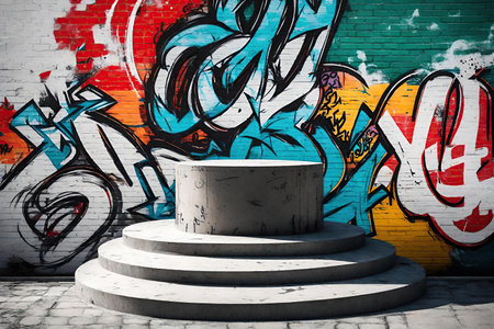 Concrete podium in front of a brick wall with graffiti.の素材