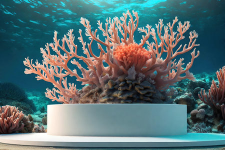 Underwater scene with corals and podium for product displayの素材