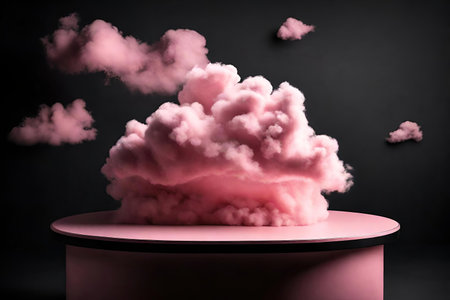 Fluffy pink cloud on a black background. pink podiumの素材