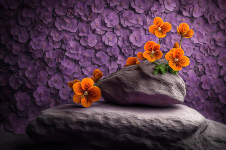 Beautiful flowers on the stone with purple background for product presentationの素材