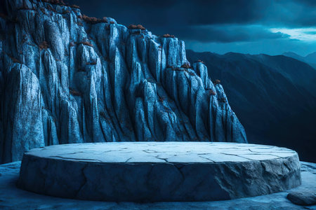 Blue stone podium in the mountains under the blue skyの素材