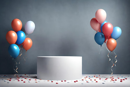 Podium with balloons and confetti on gray backgroundの素材