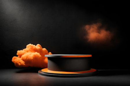 Black podium with orange cloud on dark background.の素材