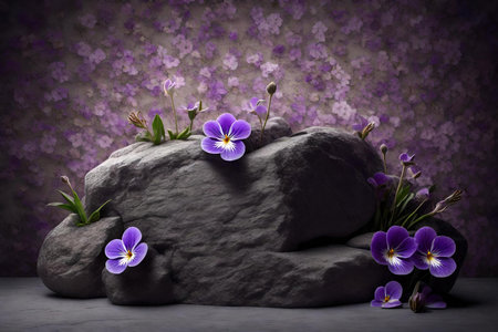 Purple violets flowers on black stone with violet background for product presentationの素材