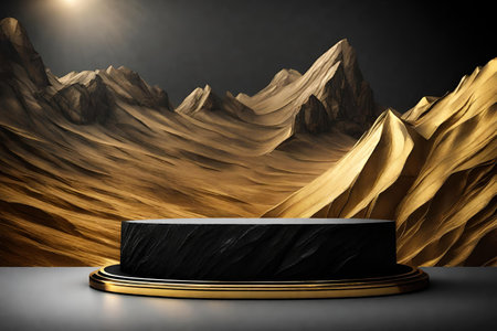 Black stone podium on a background of mountains.の素材