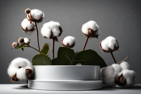 Cotton flowers on a gray background and white podium. Still life with cotton flowers.の素材