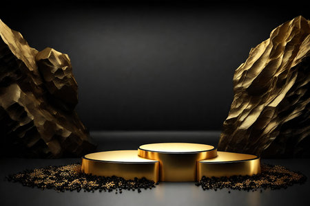 golden podium on black background and golden rocksの素材