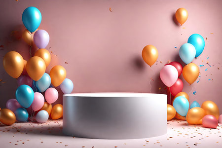 Display podium for product design with confetti and balloons.の素材