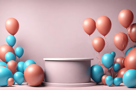 Display podium with pastel color balloons.の素材