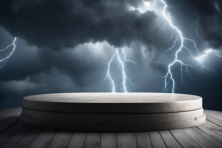 Conceptual image with wooden podium against stormy sky with lightningの素材