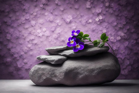 Purple pansy flower on gray stone with purple backgroundの素材